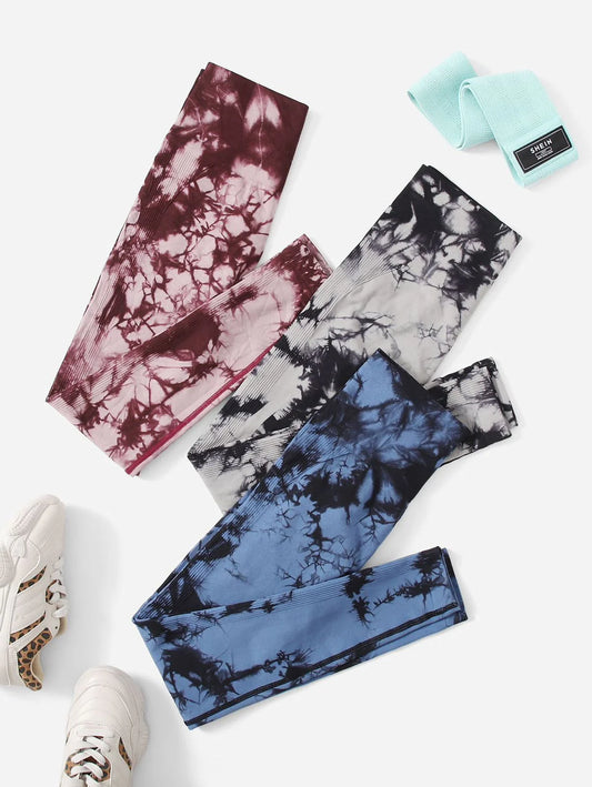 Yoga Trendy Tie Dye Seamless Sports Leggings with Wide Waistband Stitch